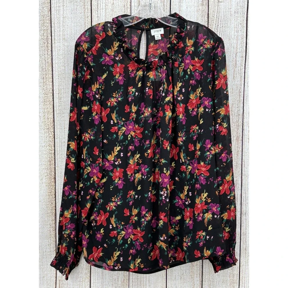 J Crew Floral Ruffle Neck Top Blouse Size 3X Black Multicolor Long‎ Sleeve NWT